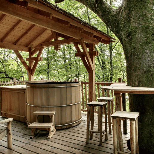 Jacuzzi dans une cabane dans les arbres avec la fôret autour