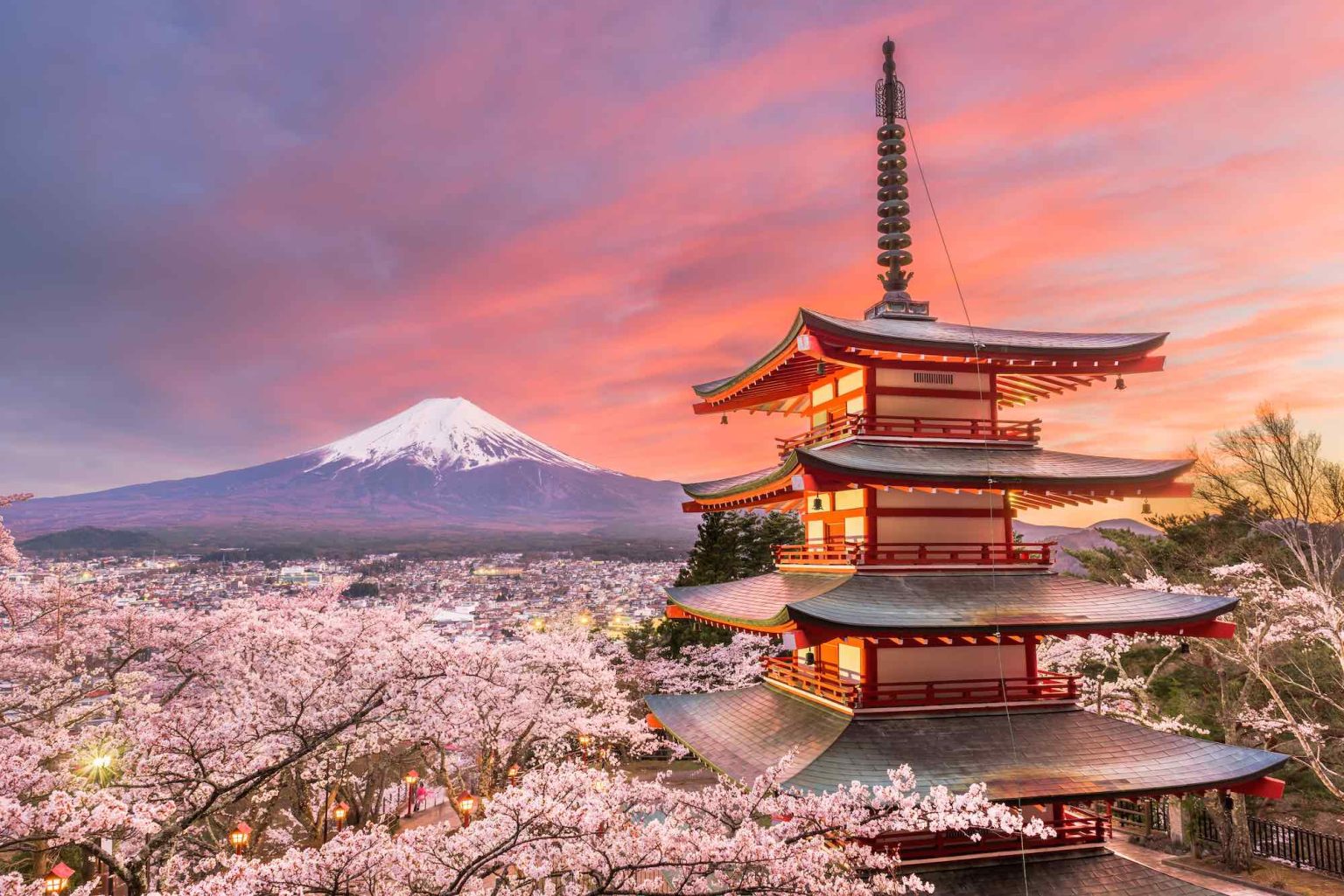 Fujiyoshida, Japan view of Mt. Fuji and pagoda in spring season with cherry blossoms at dusk.